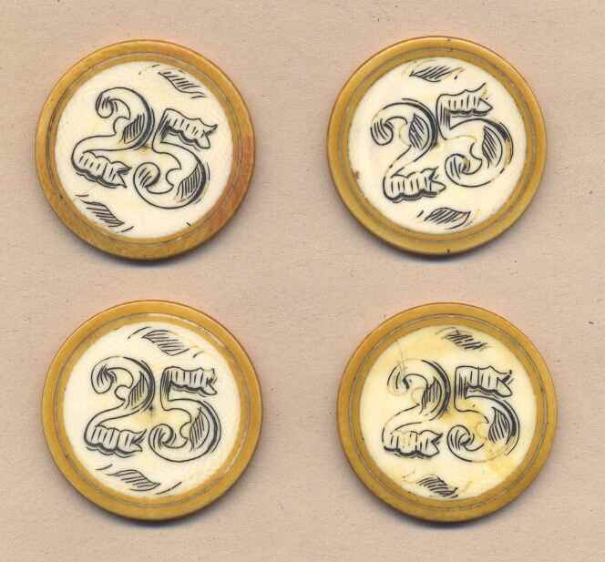 Ivory Poker Chips MONOGRAMS, 25 and Bees Antique Gambling Chips